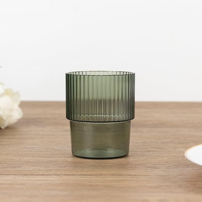 TCF Linen 12 Pack Hunter Green Plastic Tumblers, 7oz Stackable Ribbed Reusable Shatterproof Short Drinking Glasses, Elegant Origami Design for Weddings Parties Catering Cocktails