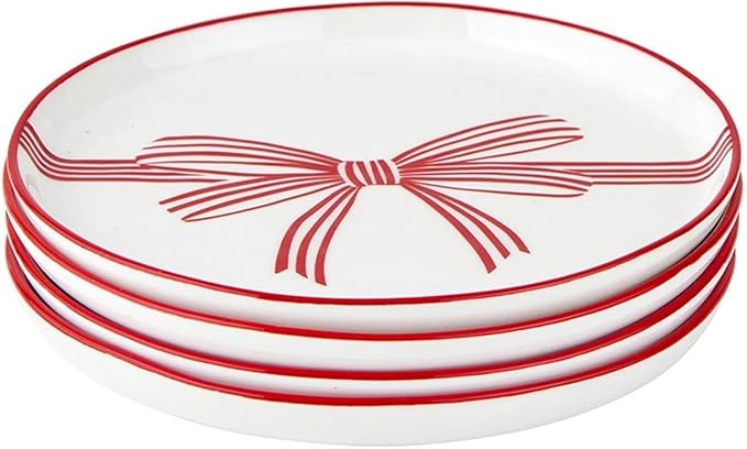 Santa Barbara Design Studio Appetizer Plate Set White Ceramic Small Plates, 5.25" Diameter, Red Bow, 4-Count