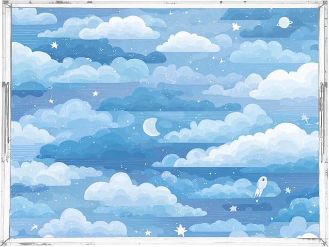 Serving Tray with Handles Clear Acrylic Tray 12x16 Inch Decorative Rectangular Tray Organizer for Ottoman Coffee Table Bathroom Blue Gradient Cloud and Stars