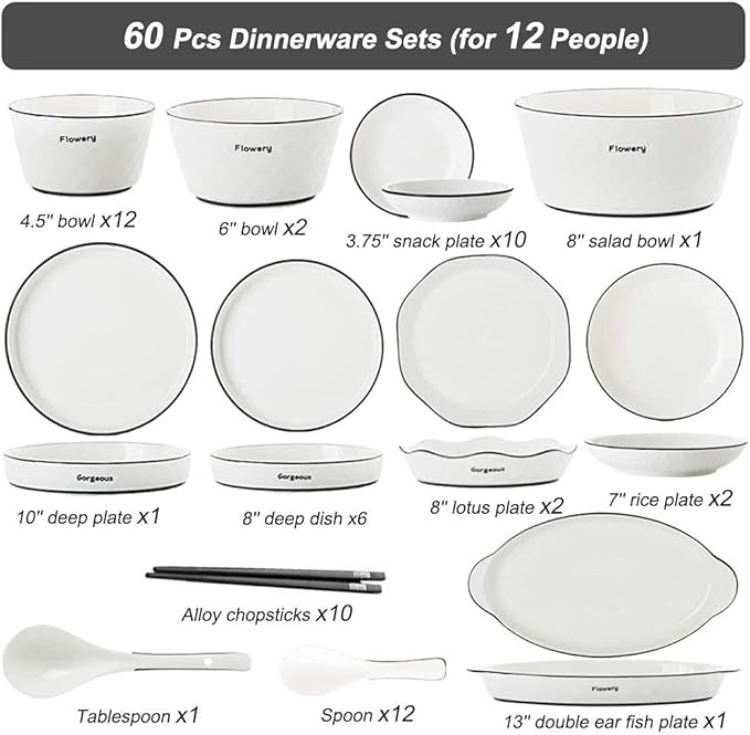 60 Pieces White Dinnerware Set Dishes - Dinner Plates and Bowls Sets Service for 12, Luxury Ceramic Dishes Set, Nordic Style Black Line Diamond Pattern, for Family Friend (White 60 Pcs)