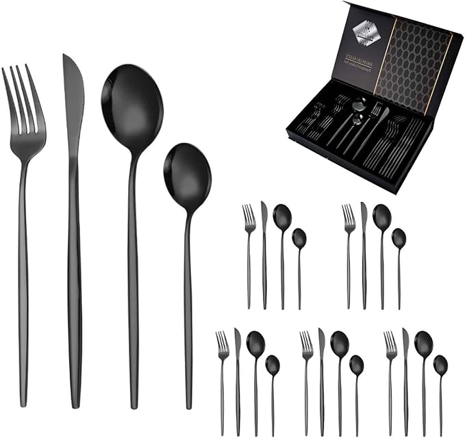 24 PCS Stainless Steel Cutlery Serving Set for 6 with Spoon Knife and Fork, Easy to Clean, Matte Mirror Polished for Home, Restaurant, Parties, Dishwasher Safe(Black,B)