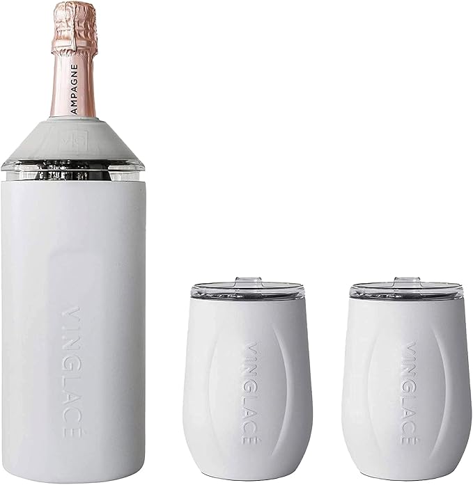 Vinglacé Wine Bottle Chiller Gift Set- Portable Stainless Steel Wine Cooler with 2 Stemless Wine Glasses, Stone