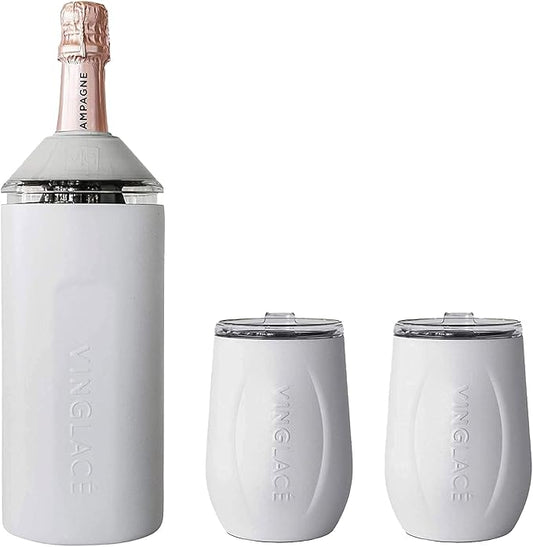 Vinglacé Wine Bottle Chiller Gift Set- Portable Stainless Steel Wine Cooler with 2 Stemless Wine Glasses, Stone