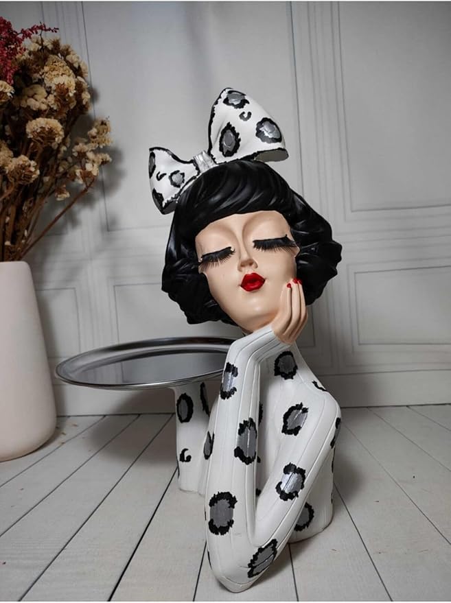 Serving Tray Girl Figurine White & Silver Leopard Design Decorative Platter Polyester Accent piece, 13.4 x 10.6 Inch - Multicolor, One Size