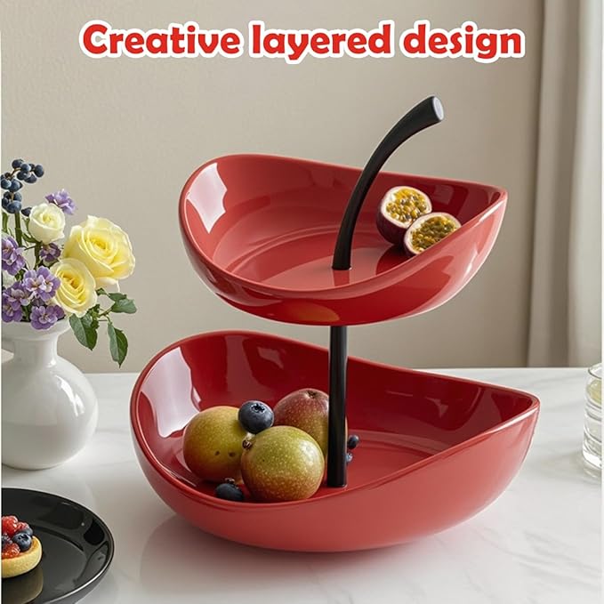 2 Tier Ceramic Fruit Bowl,Red Fruit Plate,Dessert Bowl,7 inch Color contrasting Snack Platefor Living Room Coffee Table Snack Plate Pastry Plate Beauty Salon Fruit Plate Christmas Party