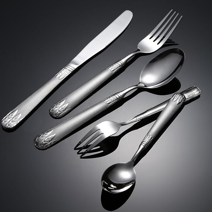 Stainless Steel Flatware serving set,Home Kitchen Eating Tableware Set,Dishwasher Safe,For Home Kitchen Restaurant Hote 5/20/30/40/50/60 Pieces Wheat Ears Stainless Steel Tableware Embossed Handle Tab