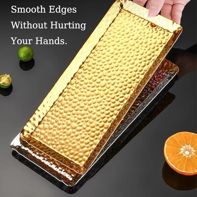 2 Pcs Decorative Tray Stainless Steel Serving Trays Hammered Rectangular 9.8 x 4.3 Inch Dessert Plates Reusable Fruit Stand for Living Room Kitchen Gold
