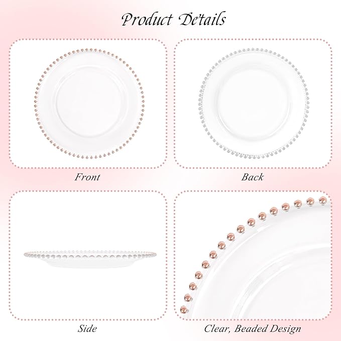 12 Pack Clear Charger Plates with Beaded Rim, 13 Inch Plastic Chargers for Dinner Plates Acrylic Round Tabletop Decoration for Home Kitchen Catering Wedding Table Event Party Dinner (Pink)