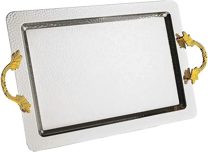 Decorative Serving Tray with Gold Handles, Hammered Stainless Steel, Large Rectangle, Premium Food-Safe