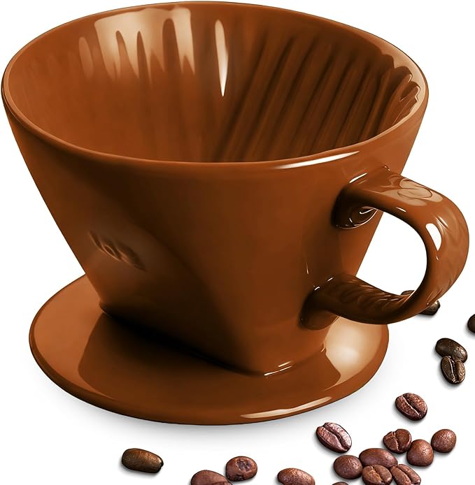 Handmade Pour Over Ceramic Coffee Dripper - Authentic Brewing Experience for Camping, Office, and Home (Coffee Brown)