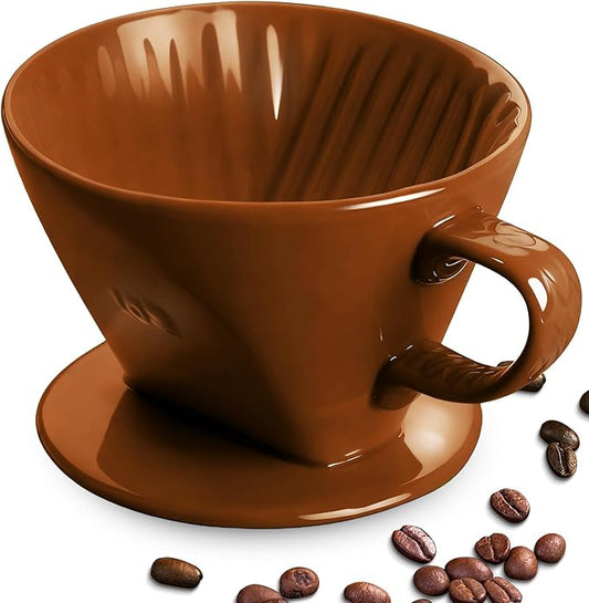 Handmade Pour Over Ceramic Coffee Dripper - Authentic Brewing Experience for Camping, Office, and Home (Coffee Brown)