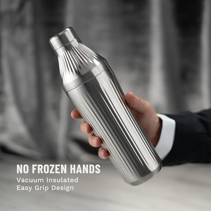 Elevated Craft Diamond Edition Hybrid Cocktail Shaker Set - Premium Vacuum Insulated Stainless Steel, 28 oz, Includes Built-In Strainer, Precise Measuring Top & XL Polishing Cloth - Martini Shaker