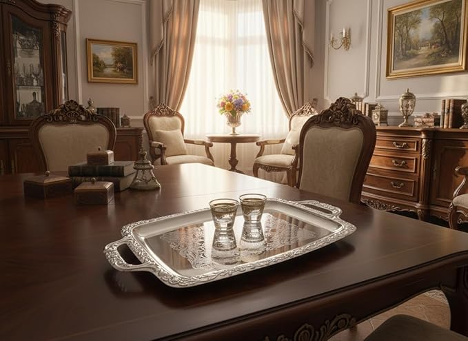 (Pack of 4) 17.7" x 10.6" Unique Rectangular Vintage Chrome Plated Serving Tray with Handle Floral Engraved Wedding Birthday Buffet Party Dessert Food Snack Wine Platter T140-4PK