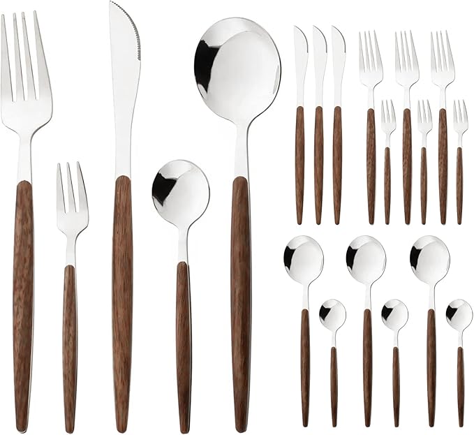 20-piece Wood Silverware Set for 4, Include Knife Fork Spoon, Stainless Steel Flatware Set with Wooden Handle, Mirror, Dishwasher Safe, for Home Kitchen Travel - Round Handle Silver