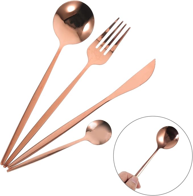 Zerodeko 24pcs Stainless Steel Flatware Set Rose Gold Plated Steak Fork Spoon Cutter Tea Spoon Black Box Serving Utensil Set for Parties and Western Dinnerware