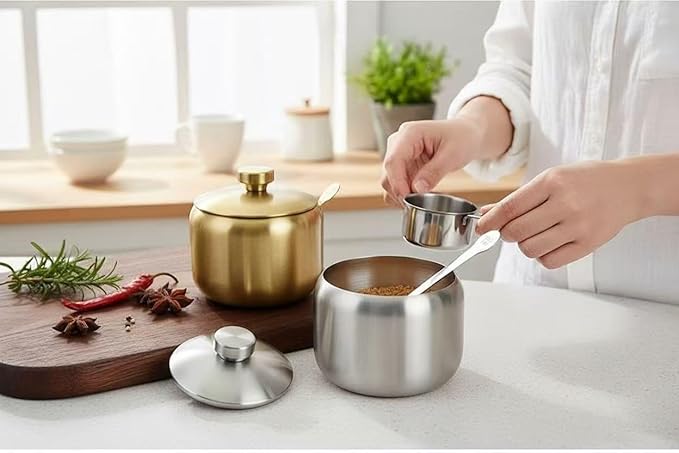 Sugar Bowl with Lid And Spoon, 14.5OZ Stainless Steel Sugar Creamer Container, 430 Milliliter Round Sugar Jar, Coffee Bar Decor, Home and Kitchen Storage, Silver
