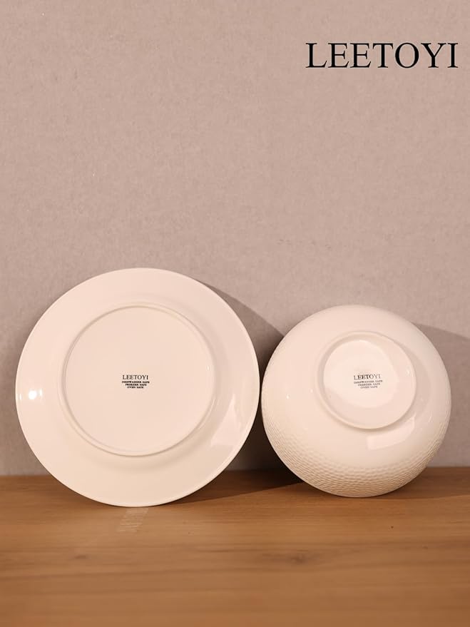 LEETOYI Ceramic Dinnerware Set, 26 OZ Bowl with Plates, Tableware for Kitchen and Formal Dining Used for Cereal, Salad, Pasta, Soup, Dessert, Dishwasher & Microwave Safe, White