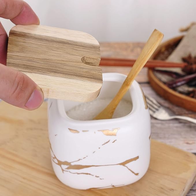 VanEnjoy Decorative Marble Pattern Ceramic Sugar Spice Containers Porcelain Jar with Bamboo Lid and Spoon Condiment Jar for Home