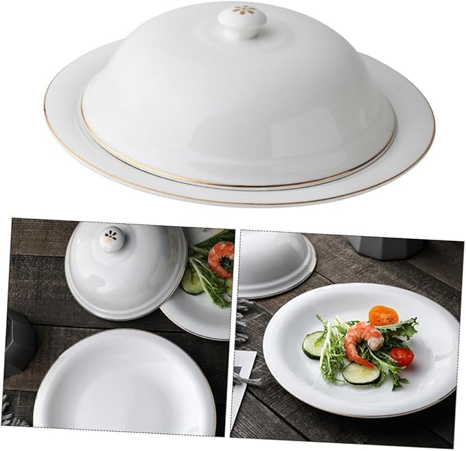 Mobestech Gold Trimmed Ceramic Plate with Lid for Western-style Cuisine Steak Serving Tray Food Storage Dishwasher Safe for Entertaining and Meal Prep