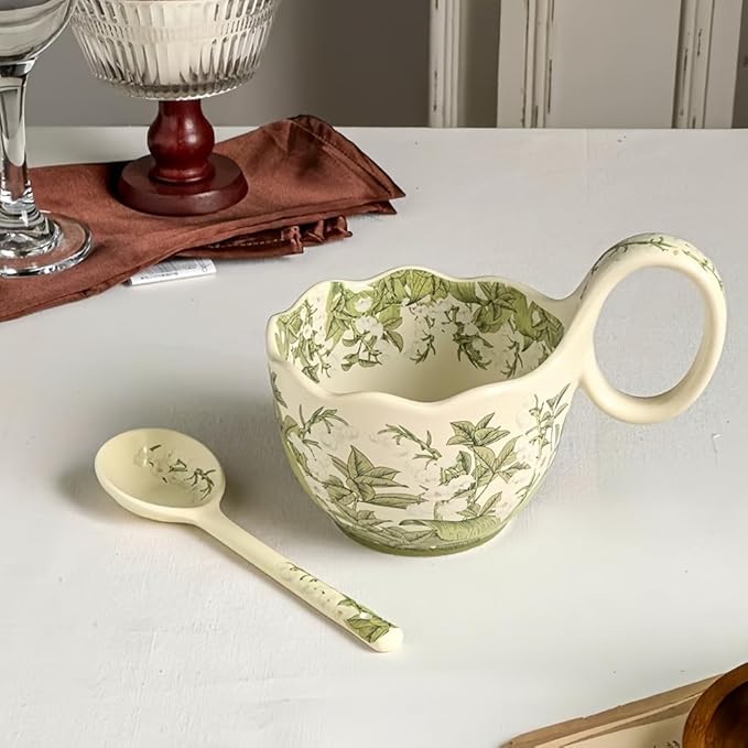 16.91oz/500ml Handpainted Soup Bowl with Handle,Ceramic Cereal Bowl Microwave & Dishwasher Safe,Loop Handle Bowl Great for Soup,Yogurt,Snack,Chip,Stew,Ice Cream,Coffee (Lily of the Valley)