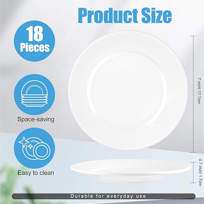 18 Pcs Porcelain Dessert Plates,7 Inch White Dinner Plates,White Salad Plate,Ceramic Appetizer Plate,Porcelain Serving Dishes for Snack, Bread, Fruit, Microwave & Dishwasher Safe