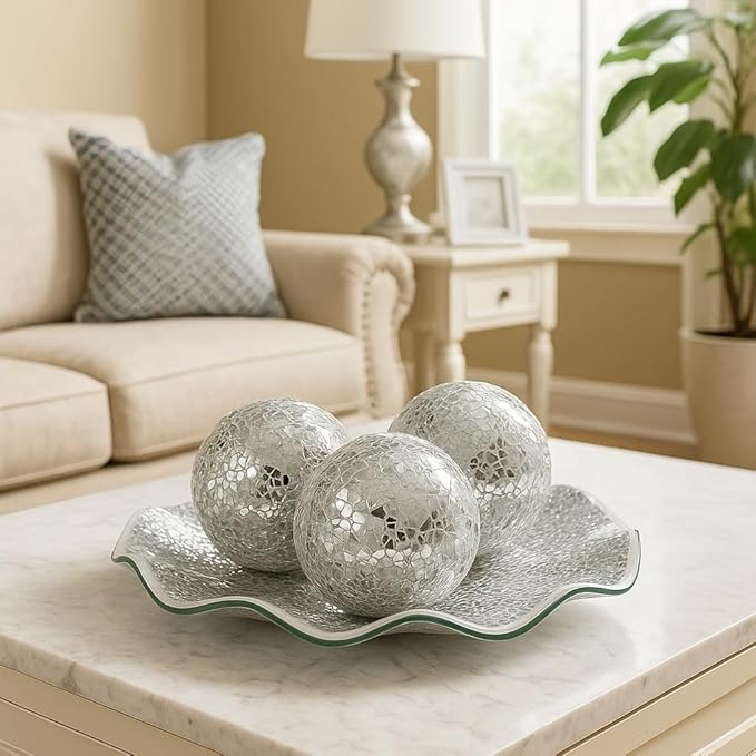 Mosaic Glass Decorative Tray Set, 11.5 inch Plate Bowl with 3 Balls, 3.75 inch, Handmade Centerpiece (Silver)