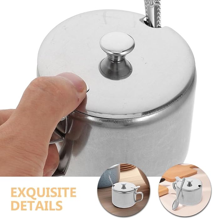 BESTonZON 3 Set Condiment Jars With Lid Spoon 3. 9" Metal Sugar Bowls Stainless Steel Pepper Container Salt Pot Seasoning Bottle For Kitchen Counter