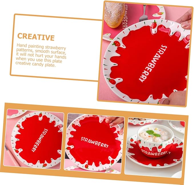 Food Serving Dish Hand-painted Strawberry Ceramic Plate for Pasta Desserts and Breakfast Cute Tableware for Birthday Parties and Home Use