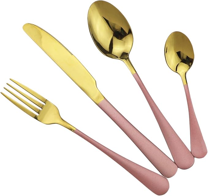 Gugrida Pink Handle Gold Silverware Set, Satin Finish 4 Pcs Stainless Steel Flatware Set, Tableware for Home and Restaurant,With Portable Collapsible Straw Dishwasher Safe, Utensil Set Service for 1