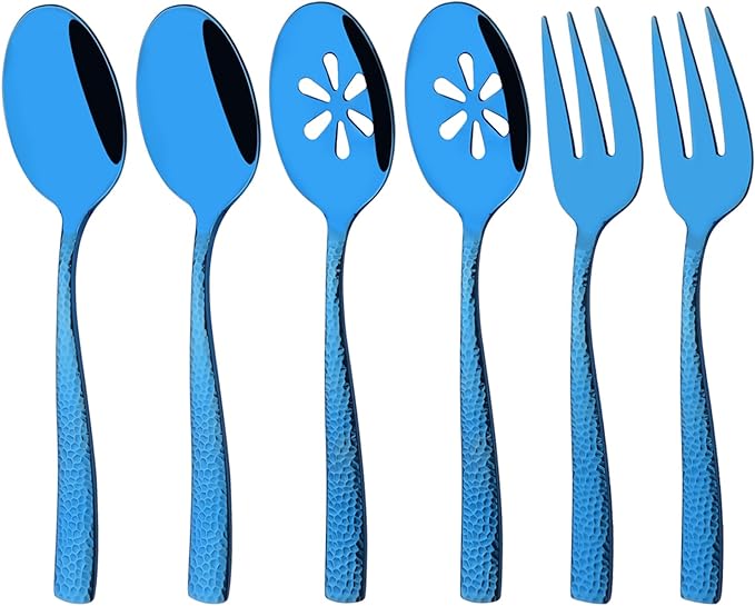 6 PCS Hammered Serving Utensils, Uniturcky Stainless Steel Serving Spoons Set, Square and Thick Hostess Serving Set, Includes 2 Serving Spoon 2 Serving Fork and 2 Slotted Spoon, Mirror Blue