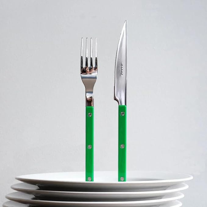 SABRE PARIS - 5-Piece Flatware Set - Bistrot Collection - Knife, Fork, Soup Spoon, Teaspoon & Dessert Fork - Stainless Steel & Nylon - Dishwasher Safe - Garden Green - Brilliant Finish