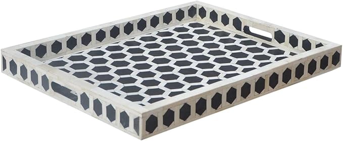 Hansa Handmade Bone Inlay Serving Tray with Handles and 1.96" Wall Tray Geometrical Pattern Decorative Platter Basket Tray