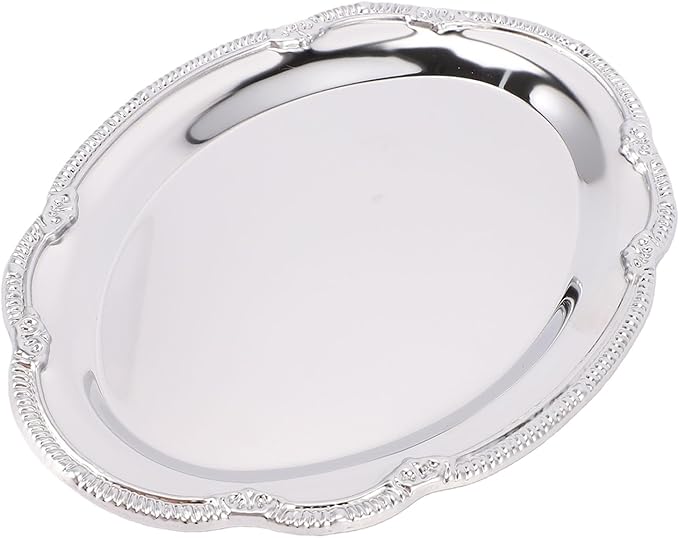 Stainless Steel Oval Platter, Silver Serving Tray, Floral Engraved Decorative Metal Plates Appetizer Platter Mirror Trays for Wedding Birthday Party Snack Fruit Cake (24CM)