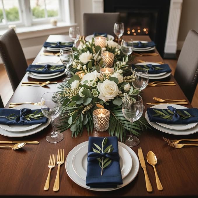 D'Moksha Homes Navy Blue Linen Napkins Set of 4 - Classic Hemstitch 100% Pure Linen Hemstitch Dinner Napkins 20 x 20 Inch for Winter, Christmas, Holiday, New Year - Handcrafted and Machine Washable