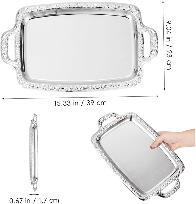 Angoily Metal Kitchen Tray Multi-Purpose Serving Tray Silver Rectangular for Dining Room Tableware Food Storage 15. 35 X 9. 05 Inch