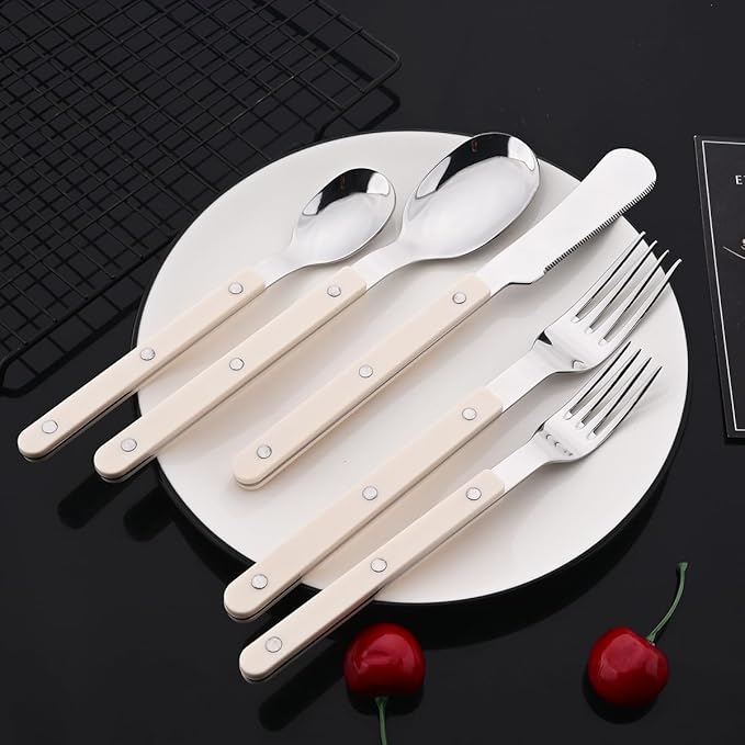 JASHII Silverware Flatware Set 20 Pieces Stainless Steel With Rivet Retro Cutlery Set Knife Fork Spoon Set Service for 4 for Home Restaurant Wedding - Beige Handle