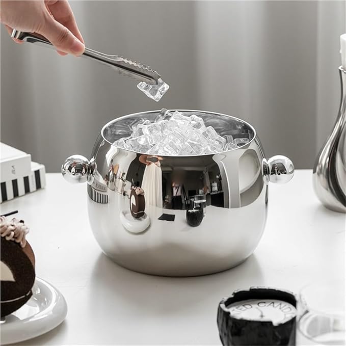 Stainless Steel Ice Bucket with Round Bead Handles, Creative Ice Bucket for Parties, Modern Drink Chiller Suitable for Bar, Home, Large Capacity(A)
