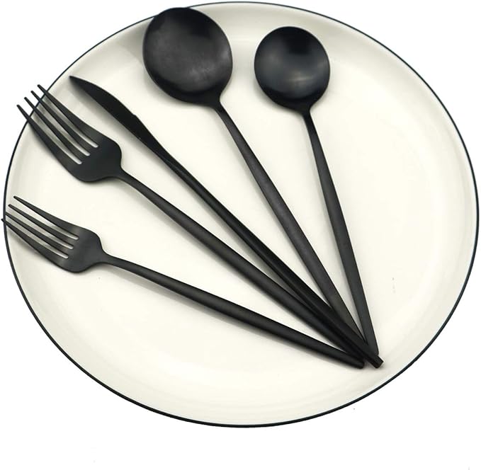 30 Pieces Titanium Black Plated 304 Stainless Steel Flatware Sets, Satin Finish Silverware Set Include Dinner Knife Fork Spoon, Cutlery Set,Matte Polished Utensils Service for 6