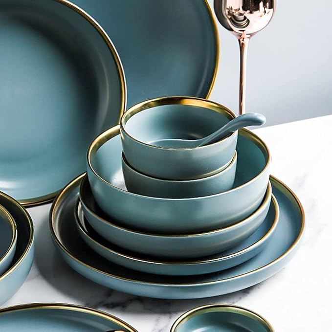 Dinnerware Set for Home or Special Restaurant, 24, 32, 41 PCS Ceramic Dinnerware Set Nordic Dark Green Bone China Tableware Creative European Ceramic Tableware with Bowl Plate