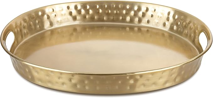 Monarch Abode Serving Tray with Handles – 17-Inch Hand Hammered Metal Platter for Living Room, Brushed Gold Finish Large Ottoman Tray Accent for Coffee Table, Tea & Food Serving Dish for Party