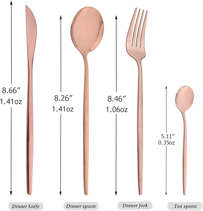24-Piece Mirror Copper Polished Flatware, 18/0 Stainless Steel Dinnerware Set Include Knife Fork Spoon Teaspoon Cutlery Set For Home Restaurant and Party Service For 6, Dishwasher Safe