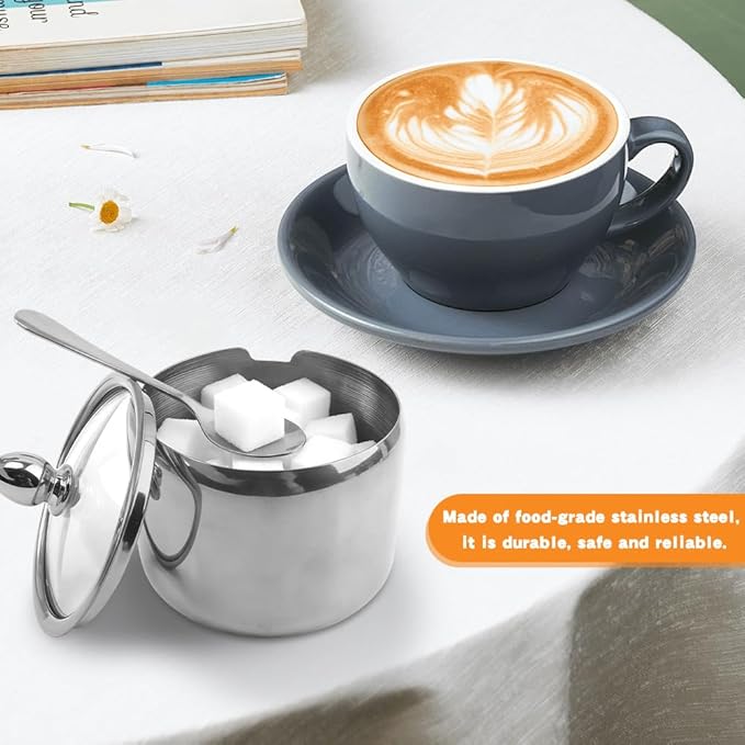 10oz Sugar Bowl with Lid and Spoon, Durable Sugar Pot for Coffee Bar Accessories, Stainless Steel Holder Jar for Salt, Tea, Candy, Home and Kitchen Storage(Silver)