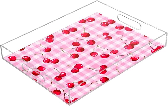 Serving Tray with Handles Clear Acrylic Tray 12x16 Inch Decorative Rectangular Tray Organizer for Ottoman Coffee Table Bathroom Pink Juicy Checkered Cherry