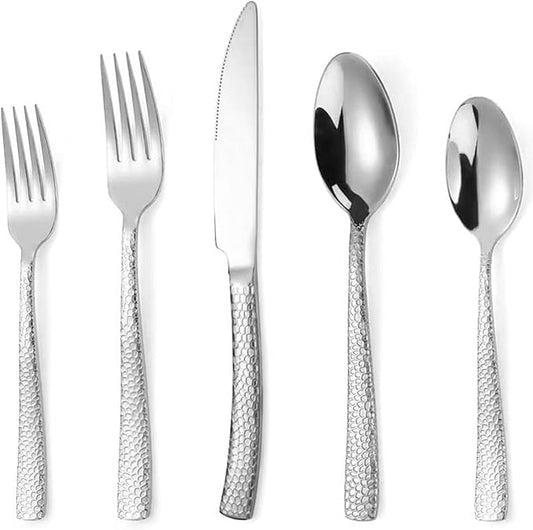 Hammered Silverware Set for 2, MIKIWAY 10 Pieces Stainless Steel Luxury Flatware Set, Cutlery Tableware Set, Kitchen Utensils Set Include Spoons And Forks Set, Mirror Polished, Dishwasher Safe