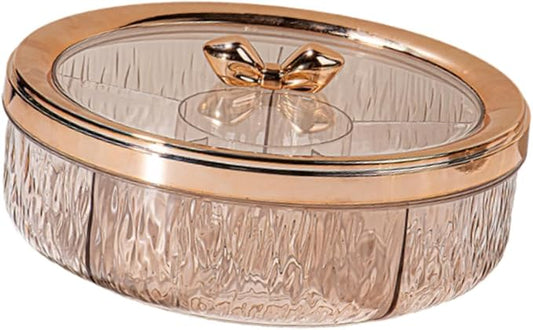 Serving Tray Container Rotating Snack Plate Dried Nuts Platter for Kitchen Entertaining, rose golden Bow