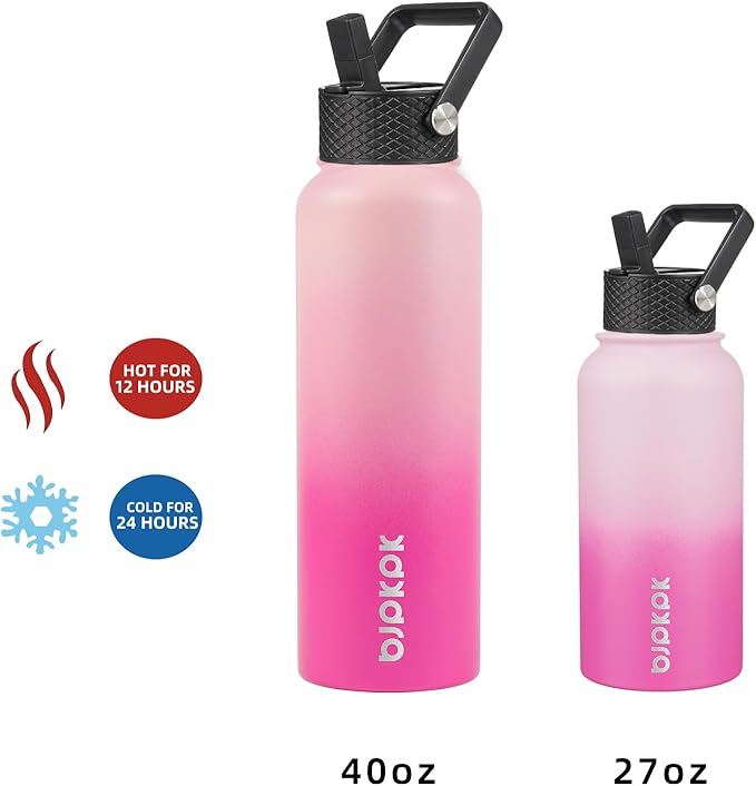 BJPKPK Insulated Water Bottles with Straw Lid, 27oz Stainless Steel Water Bottle with 3 Lids, Leak Proof BPA Free Metal Thermo, Mugs, Tumblers, Keep Cold Hot - Cherry
