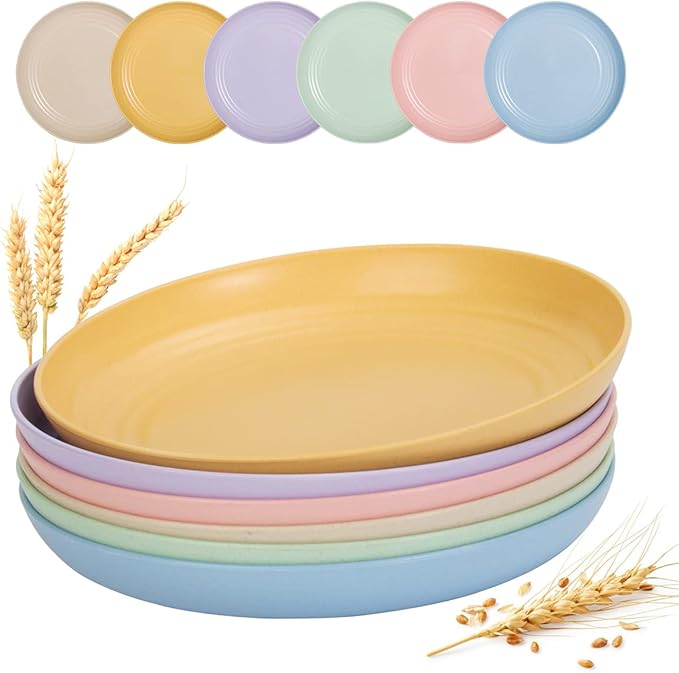 12 PACK 9 Inch Lightweight Wheat Straw Plates, Unbreakable Deep Dinner Plates, Plastic Plates Reusable, Assorted Colors Dinnerware Sets, Microwave & Dishwasher Safe