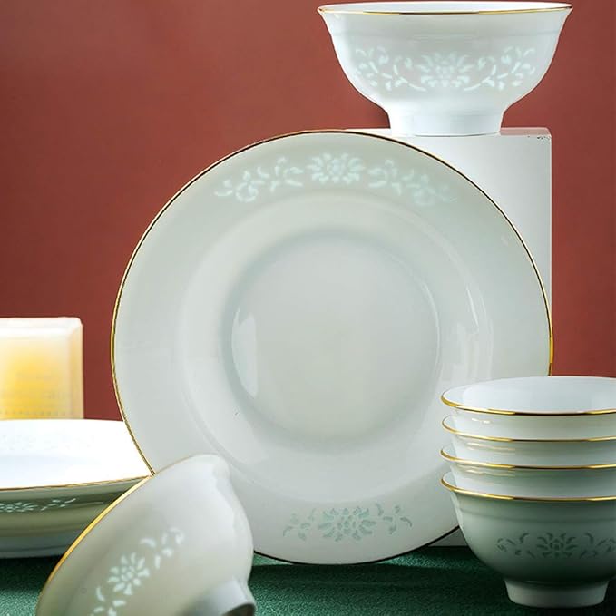 Classic Pottery Tableware,Ceramics Dinner Sets, 60 Pieces Hollow Out Phnom Penh Dinnerware Set | Plate/Bowl/Soup Pot - White Porcelain Combination Set