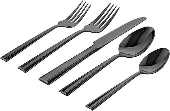 Godinger 20-Piece Flatware Set - Dinner Forks, Salad Forks, Tea Spoons, Tablespoons, and Knives - 18/0 Stainless Steel in Luxurious Mirror Black Finish