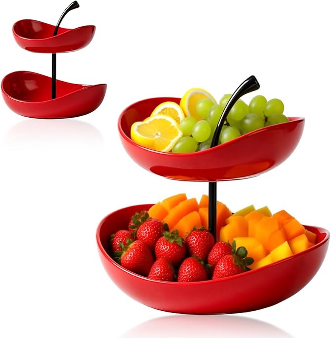 2 Tier Ceramic Fruit Bowl,Red Fruit Plate,Dessert Bowl,7 inch Color contrasting Snack Platefor Living Room Coffee Table Snack Plate Pastry Plate Beauty Salon Fruit Plate Christmas Party